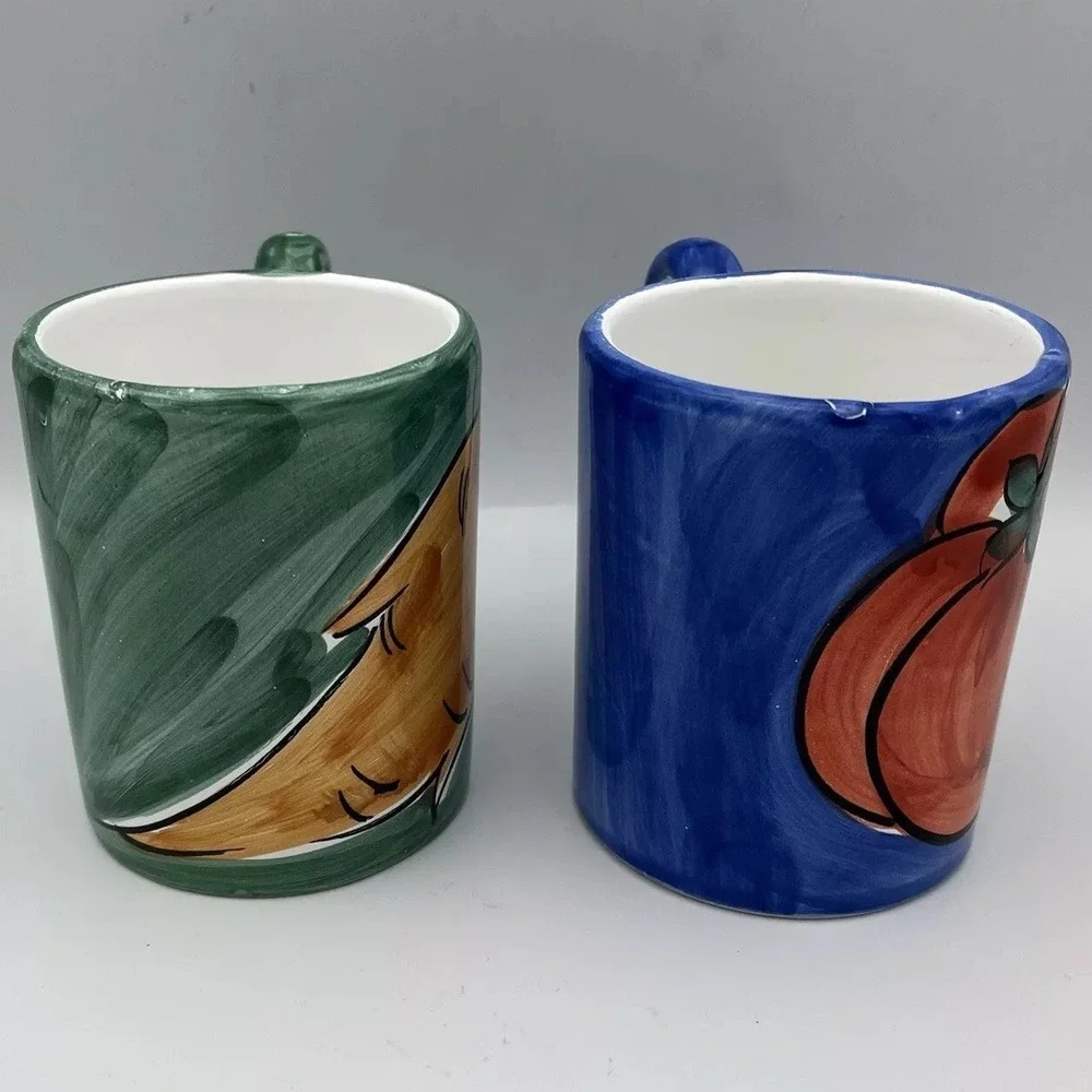 2 Pier 1 Set Garden Herb Mugs Handpaint Whimsy Carrot Pumpkin Veggie Fruit 12 Oz